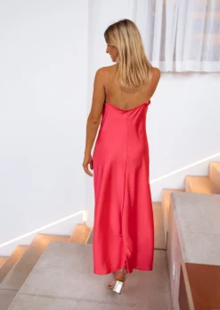 Robes-EASY-CLOTHES Robe Delly corail | Robe longue satinée | Prêt-à-porter en ligne | Easy Clothes Corail