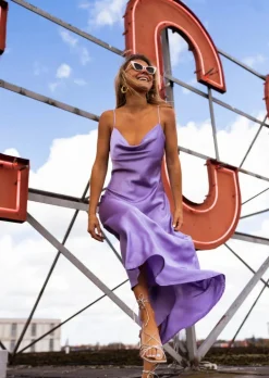 Robes-EASY-CLOTHES Robe Delly lilas | Robe longue satinée | Prêt-à-porter en ligne | Easy Clothes Lilas