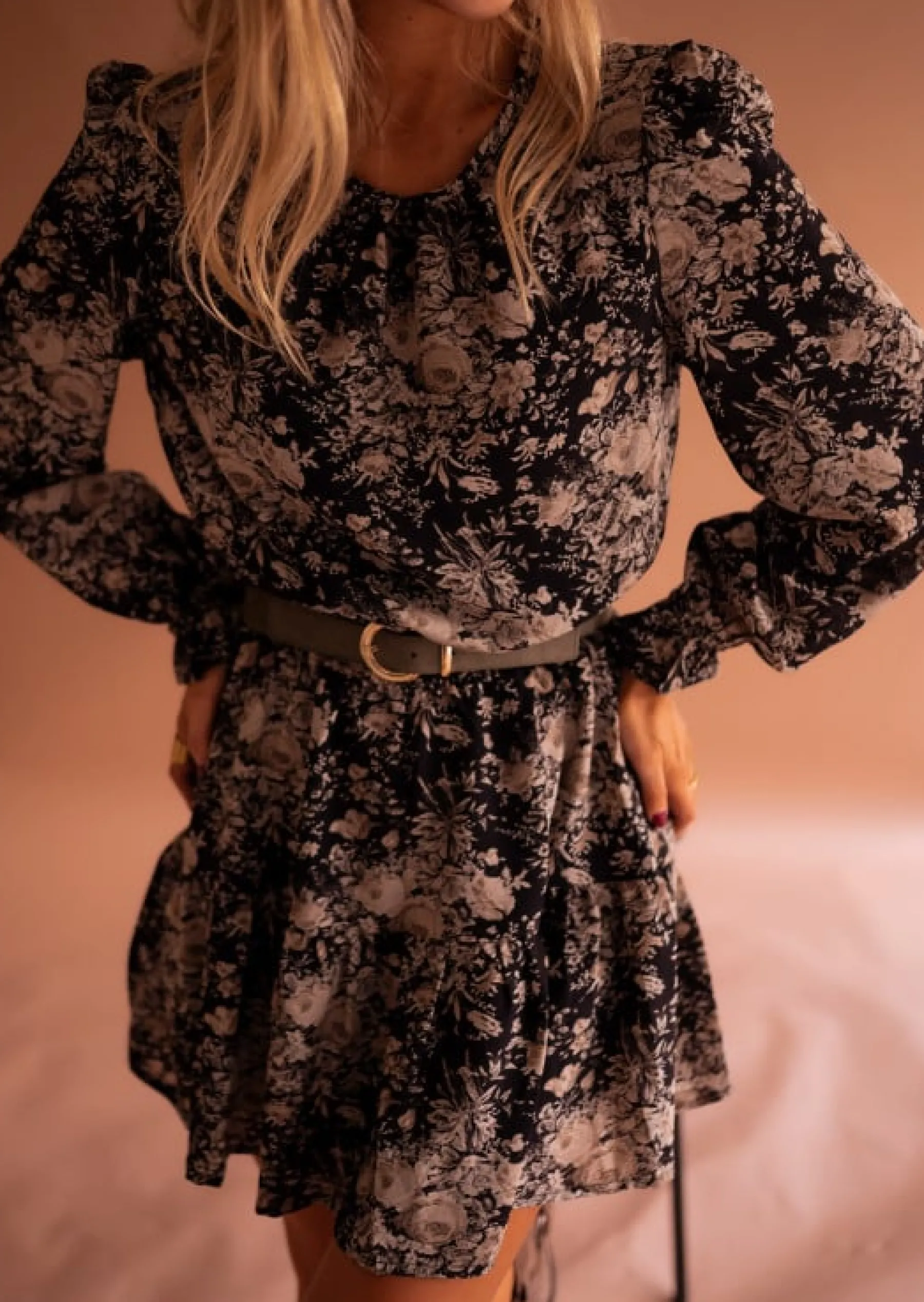 Robes-EASY-CLOTHES Robe Drew - Noire & Taupe - A Fleurs - FluideEasy Clothes Noire et taupe à fleurs
