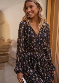 Robes-EASY-CLOTHES Robe Laurence Noire - Motifs Fleurs - FluideEasy Clothes Noire       