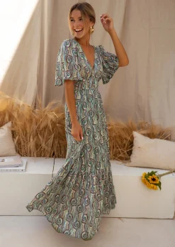 Robes-EASY-CLOTHES Robe Loane - Verte à Motifs - Printemps Été - Easy Clothes Verte à motifs