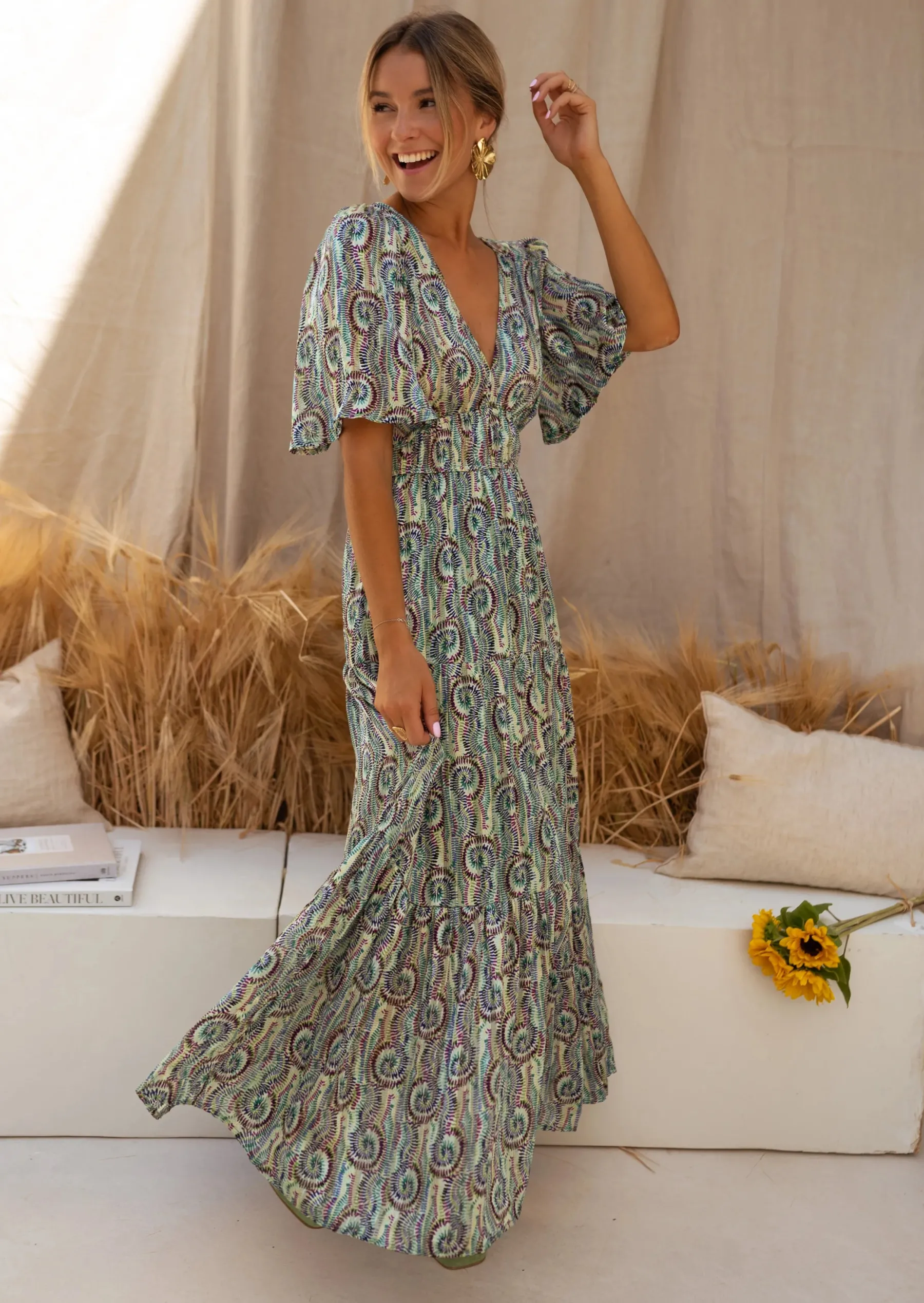 Robes-EASY-CLOTHES Robe Loane - Verte à Motifs - Printemps Été - Easy Clothes Verte à motifs
