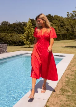 Robes-EASY-CLOTHES Robe longue Baya rose à pois | Robe rouge midi | Prêt-à-porter en ligne | Easy Clothes Rose à pois