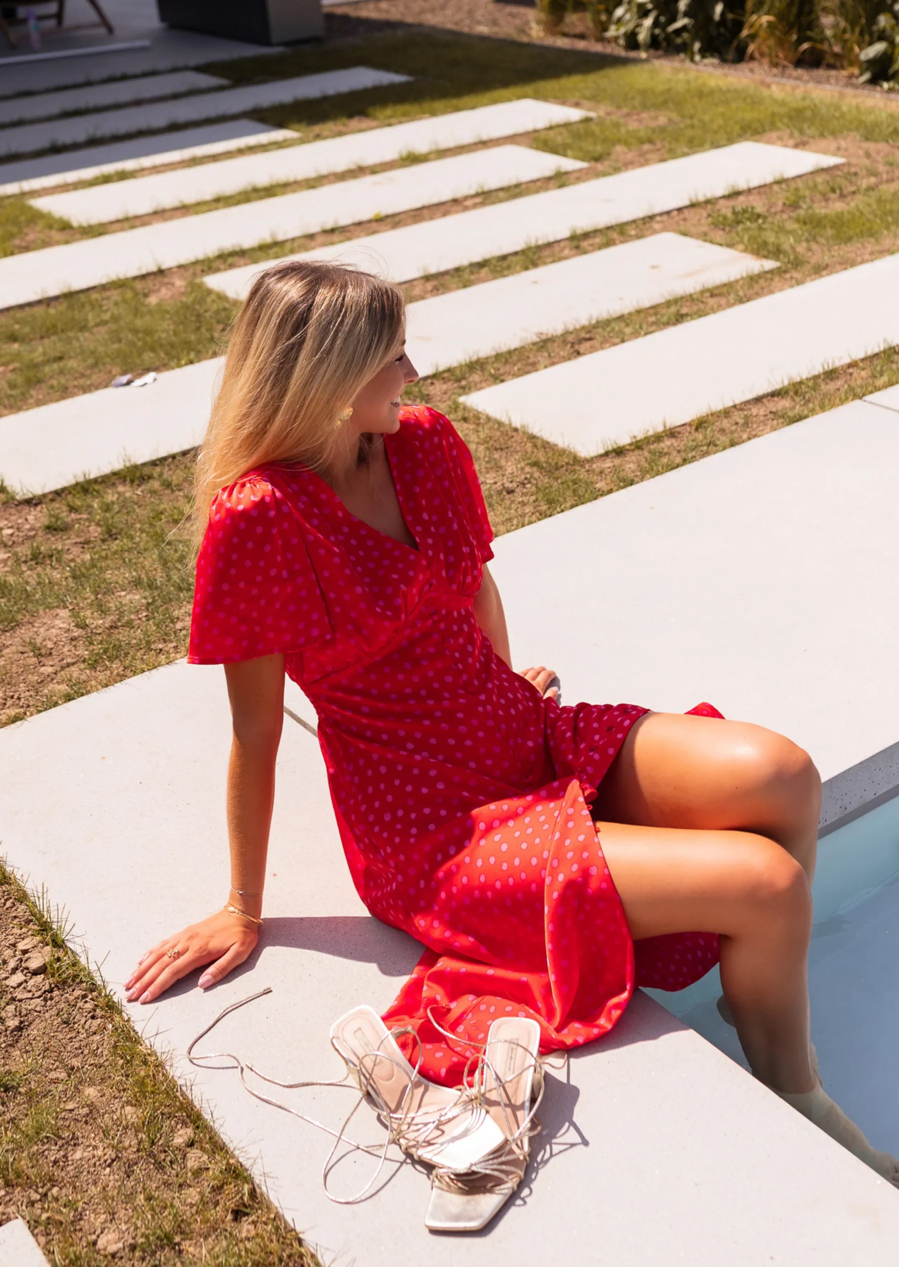 Robes-EASY-CLOTHES Robe longue Baya rose à pois | Robe rouge midi | Prêt-à-porter en ligne | Easy Clothes Rose à pois