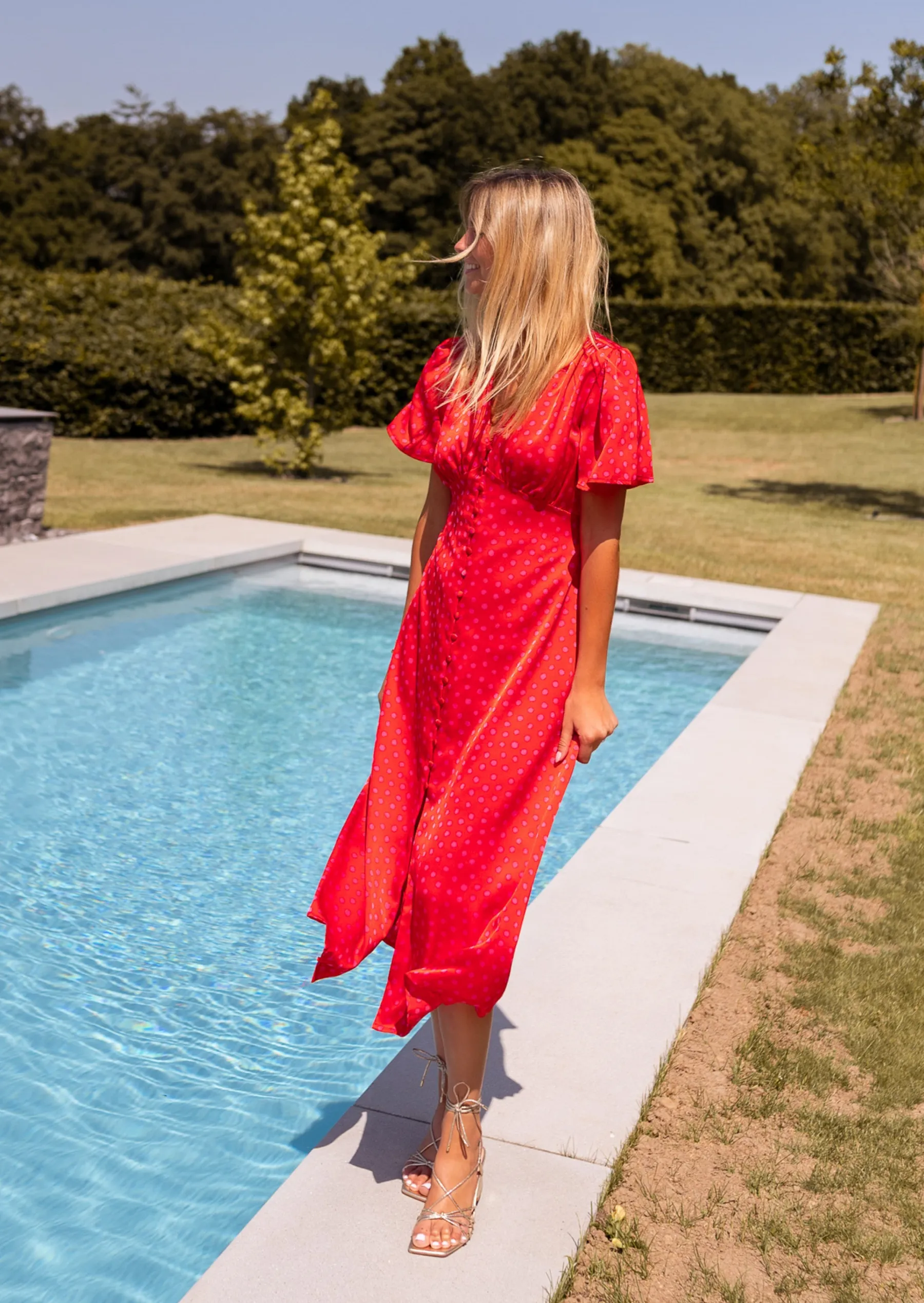 Robes-EASY-CLOTHES Robe longue Baya rose à pois | Robe rouge midi | Prêt-à-porter en ligne | Easy Clothes Rose à pois