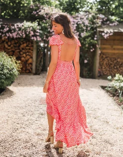 Robes-EASY-CLOTHES Robe longue Jackie - rouge à fleurs blanchesEasy Clothes Rouge à fleurs blanches