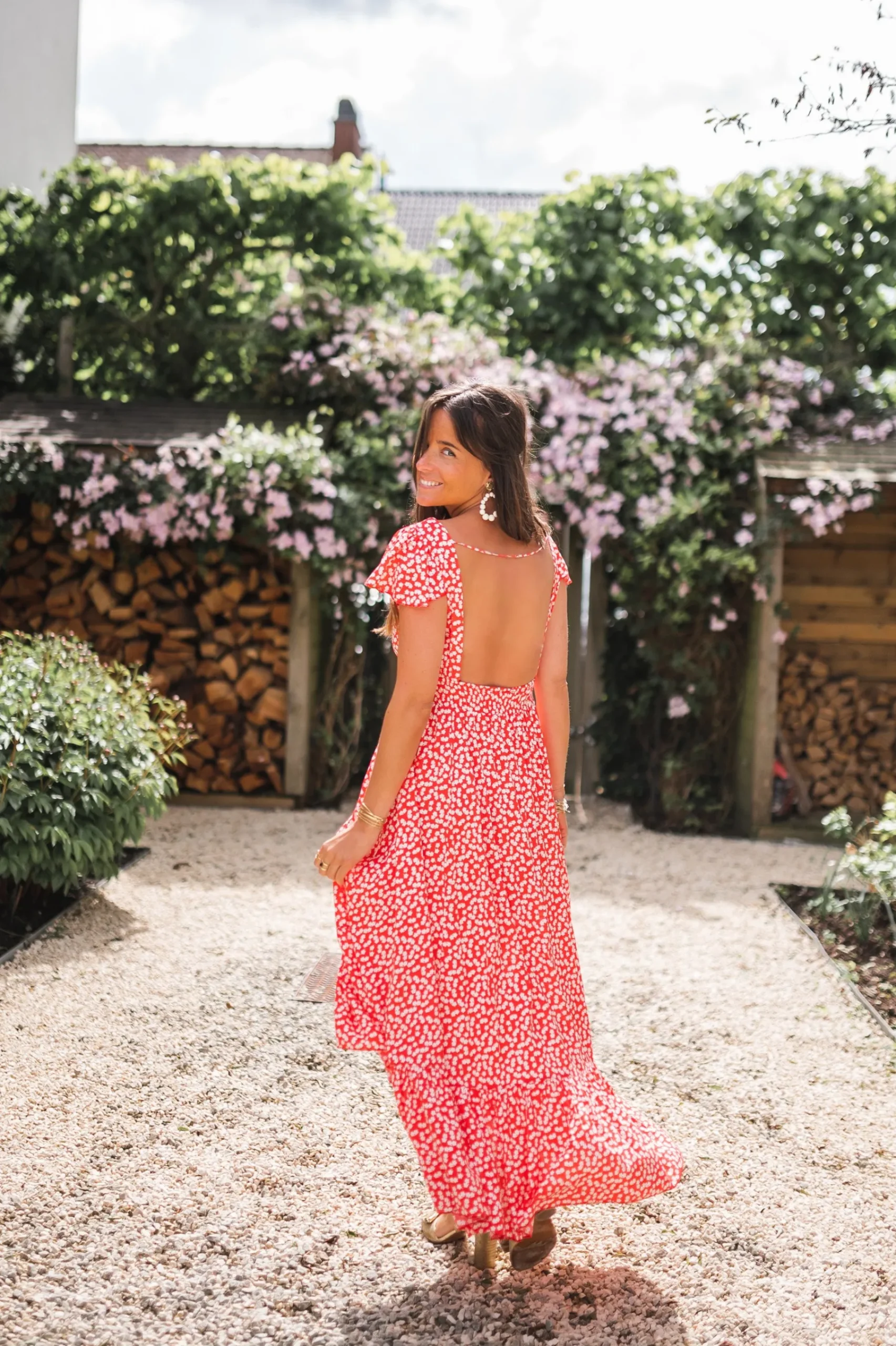 Robes-EASY-CLOTHES Robe longue Jackie - rouge à fleurs blanchesEasy Clothes Rouge à fleurs blanches