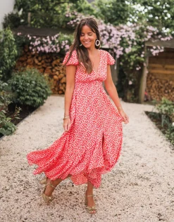 Robes-EASY-CLOTHES Robe longue Jackie - rouge à fleurs blanchesEasy Clothes Rouge à fleurs blanches