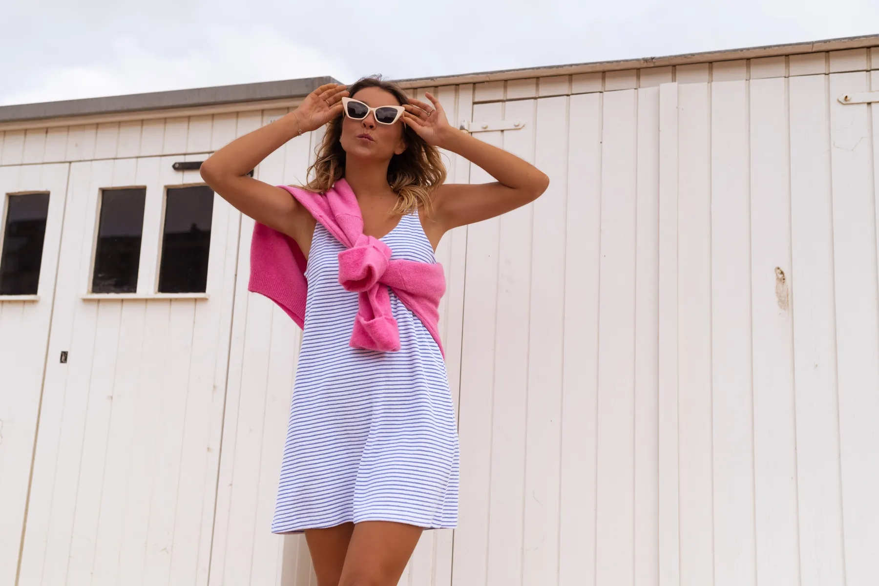 Robes-EASY-CLOTHES Robe Lovy en éponge bleu et écru à lignes | Robe de plage courte | Prêt-à-porter en ligne | Easy Clothes Bleue et écrue à lignes