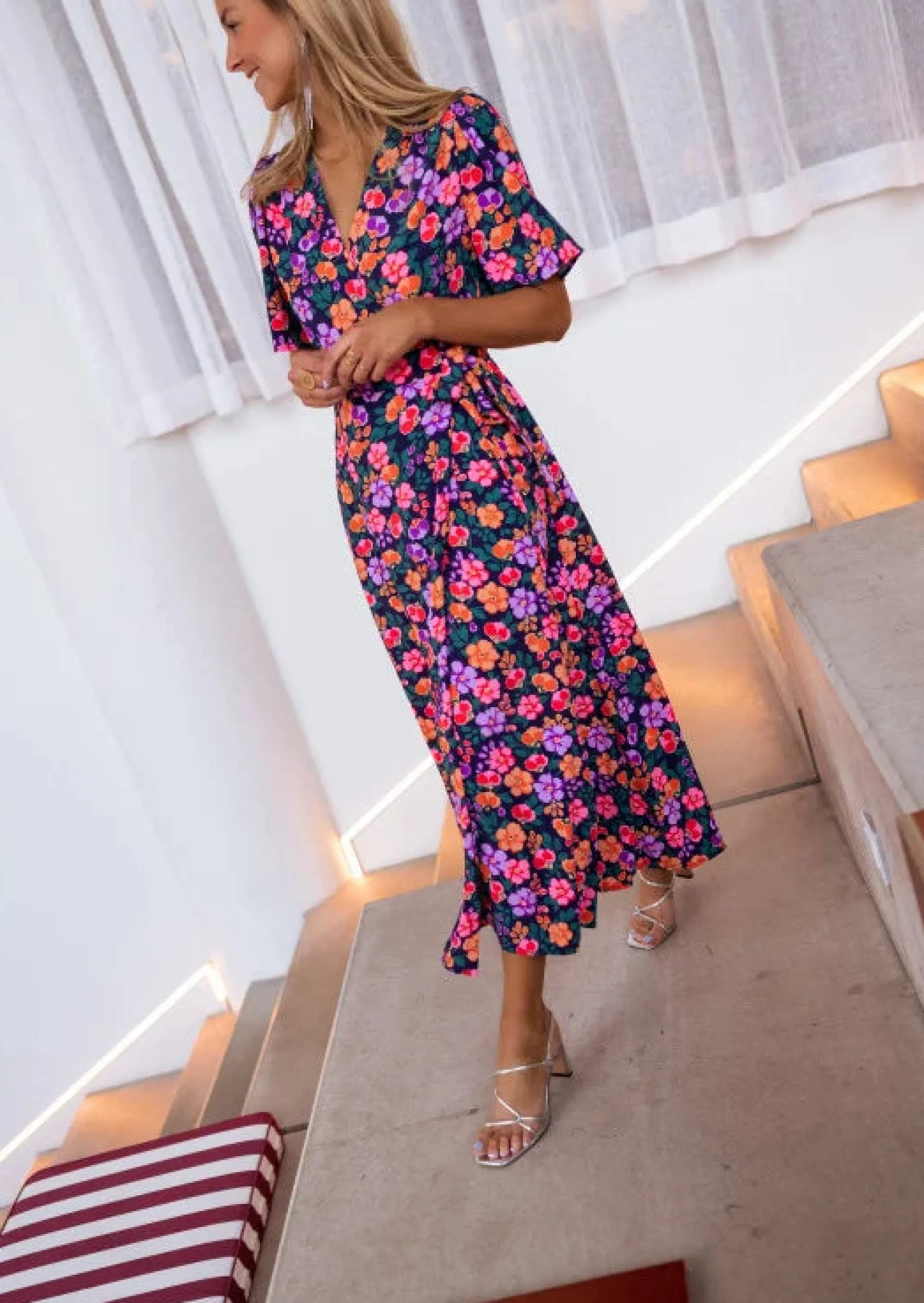 Robes-EASY-CLOTHES Robe Lylia bleue à fleurs | Robe cache-coeur fleurie | Prêt-à-porter en ligne | Easy Clothes Bleue à fleurs