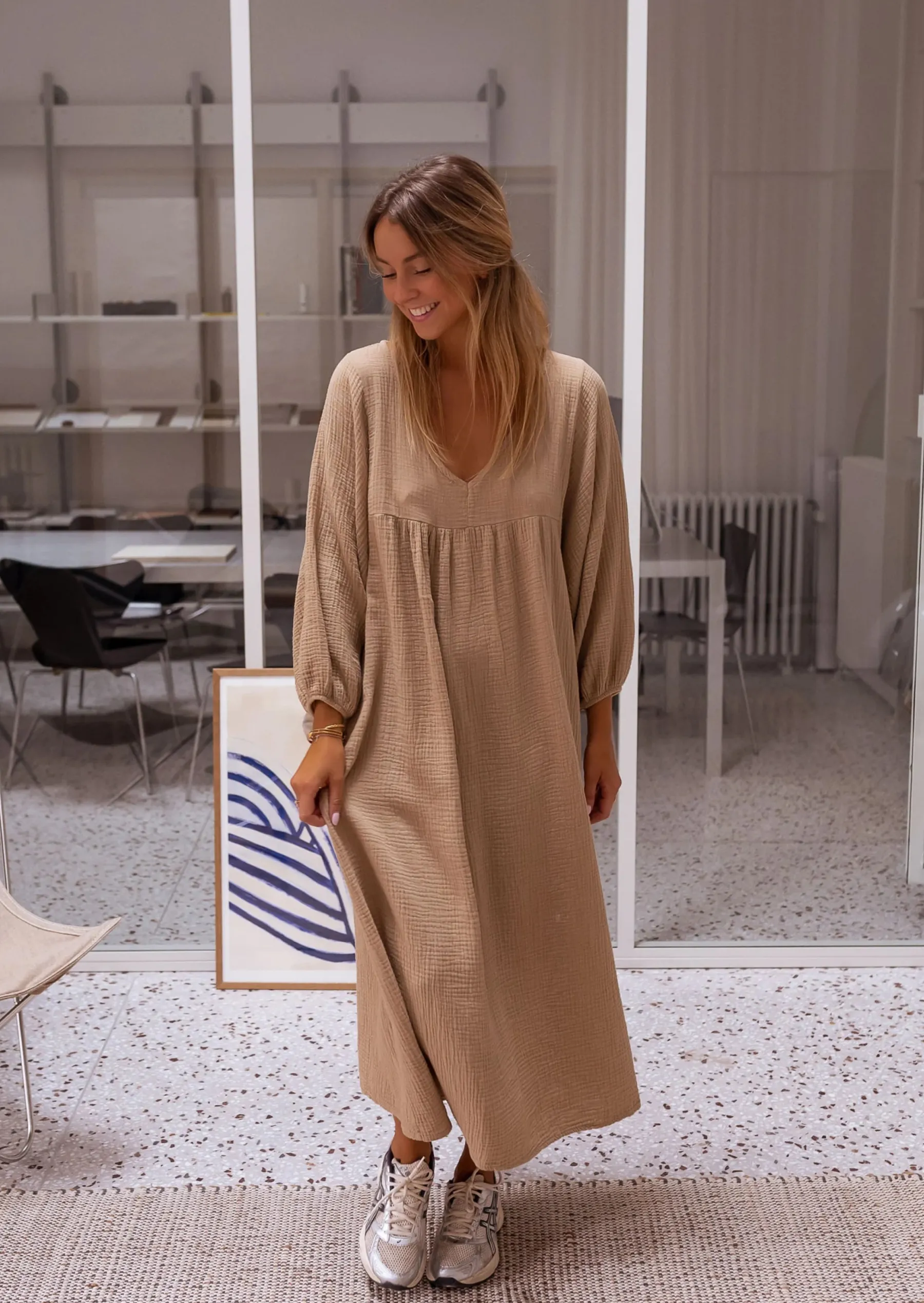 Robes-EASY-CLOTHES Robe Nolan - Couleur Camel - Gaze De Coton - AmpleEasy Clothes Camel en gaze de coton