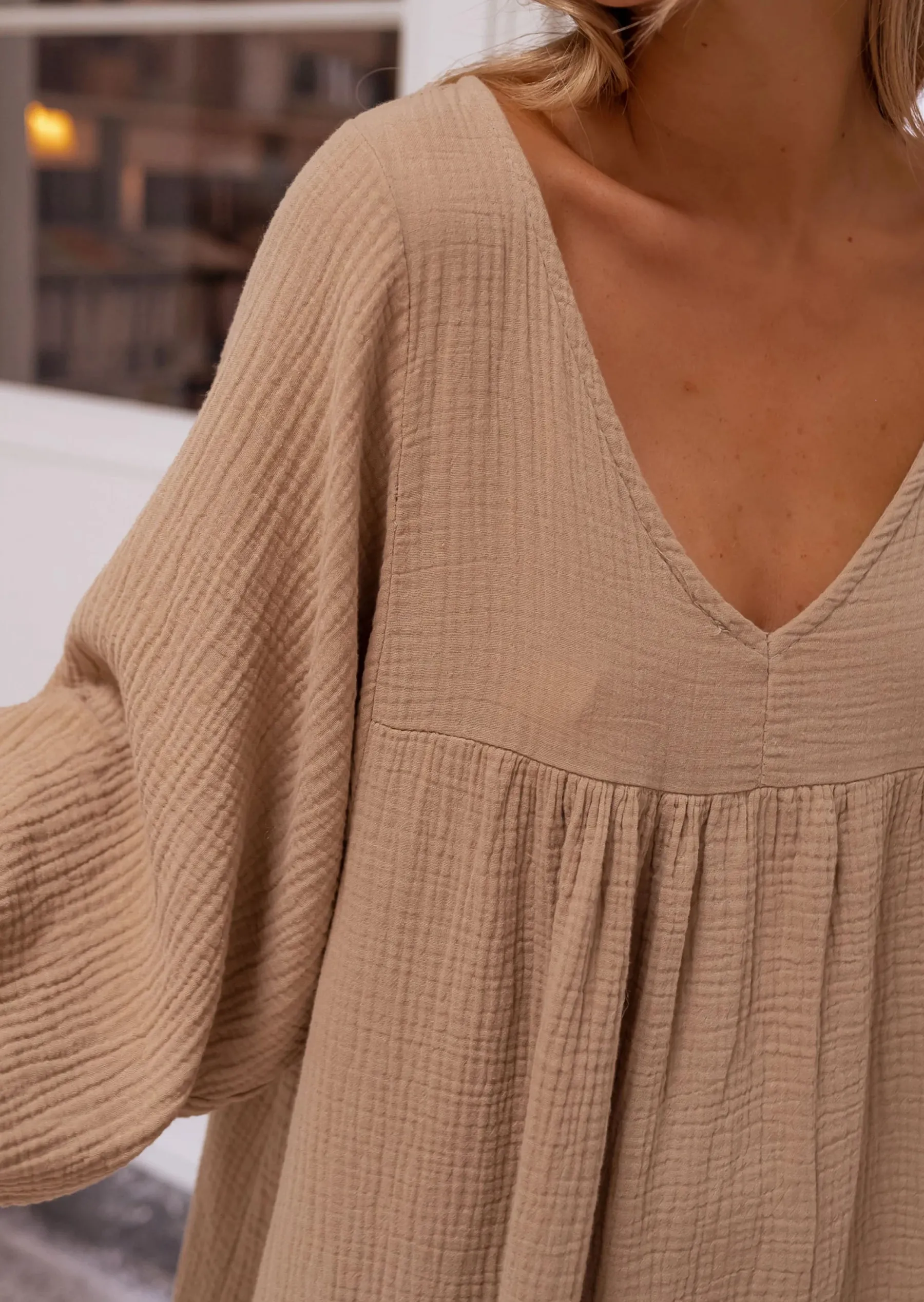 Robes-EASY-CLOTHES Robe Nolan - Couleur Camel - Gaze De Coton - AmpleEasy Clothes Camel en gaze de coton