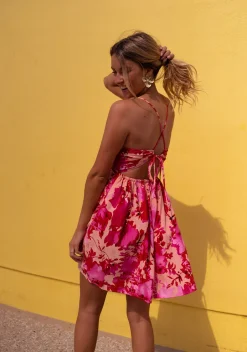 Robes-EASY-CLOTHES Robe Nolwenn rose à fleurs | Robe dos ouvert | Prêt-à-porter en ligne | Easy Clothes Rose à fleurs