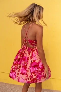 Robes-EASY-CLOTHES Robe Nolwenn rose à fleurs | Robe dos ouvert | Prêt-à-porter en ligne | Easy Clothes Rose à fleurs