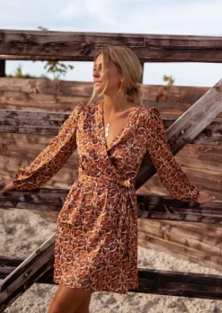 Robes-EASY-CLOTHES Robe Phoenix - Chocolat - À Motifs - Manches LonguesEasy Clothes Chocolat       