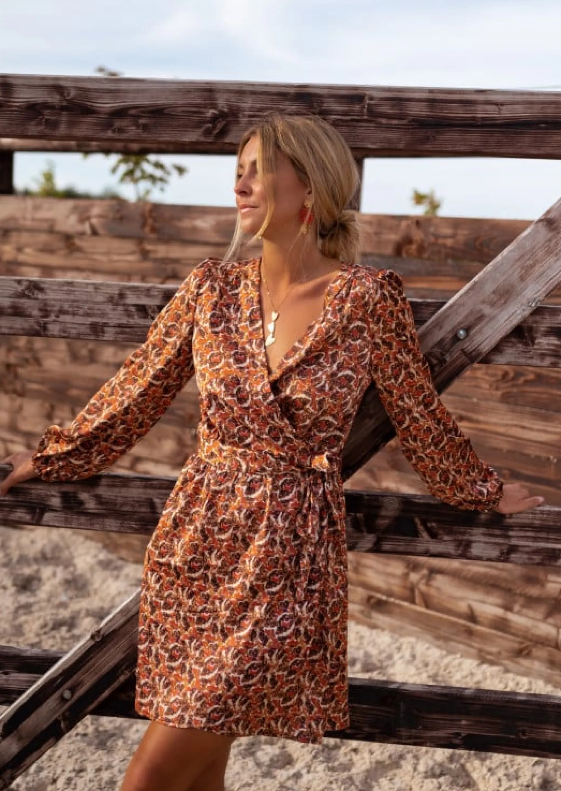 Robes-EASY-CLOTHES Robe Phoenix - Chocolat - À Motifs - Manches LonguesEasy Clothes Chocolat