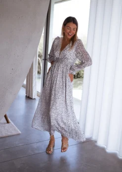 Robes-EASY-CLOTHES Robe Rosana grise à motifs | Robe longue fleurie | Prêt-à-porter en ligne | Easy Clothes Grise à motifs       