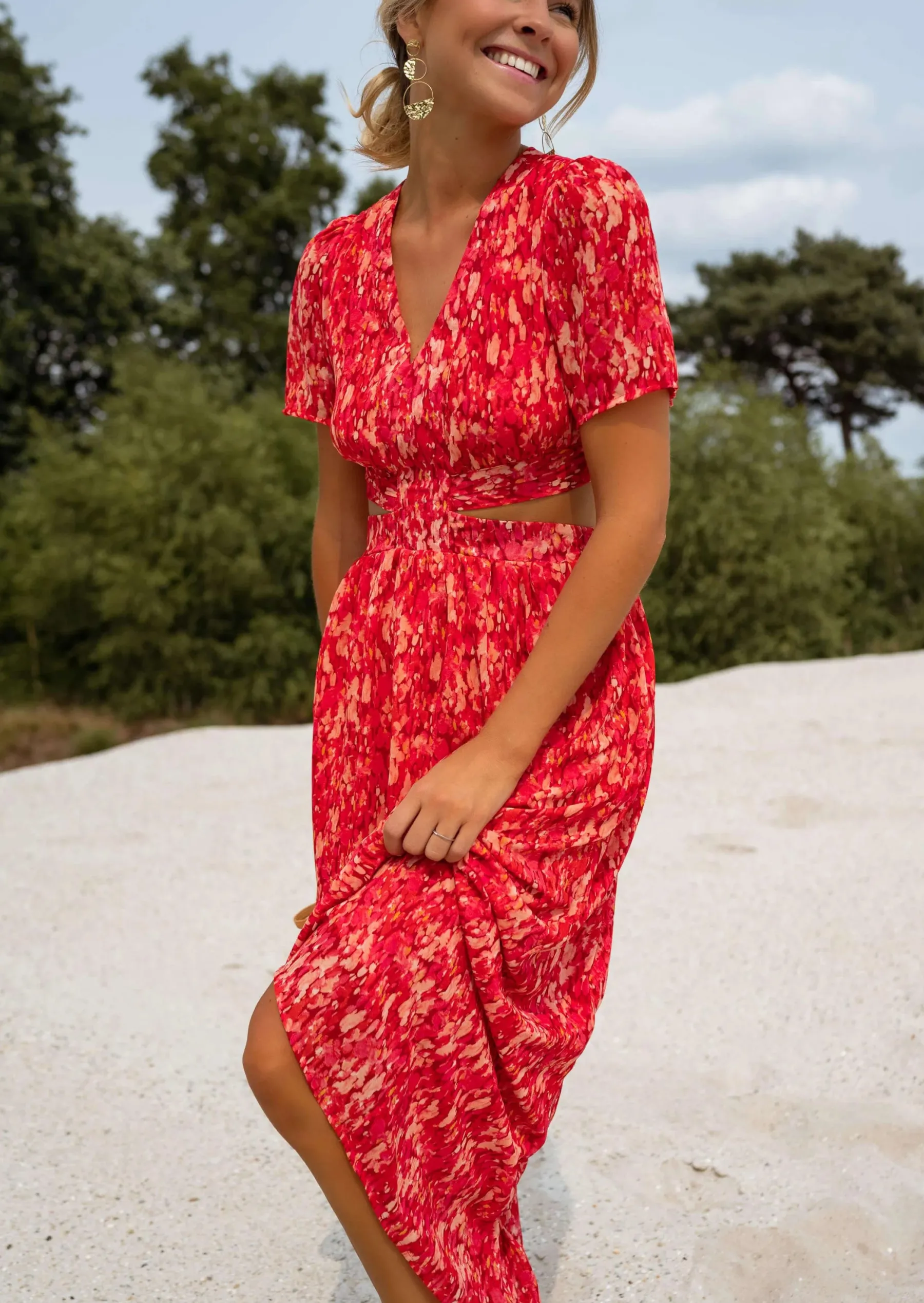 Robes-EASY-CLOTHES Robe Rouge Claudia - Col en V - FluideEasy Clothes Rouge
