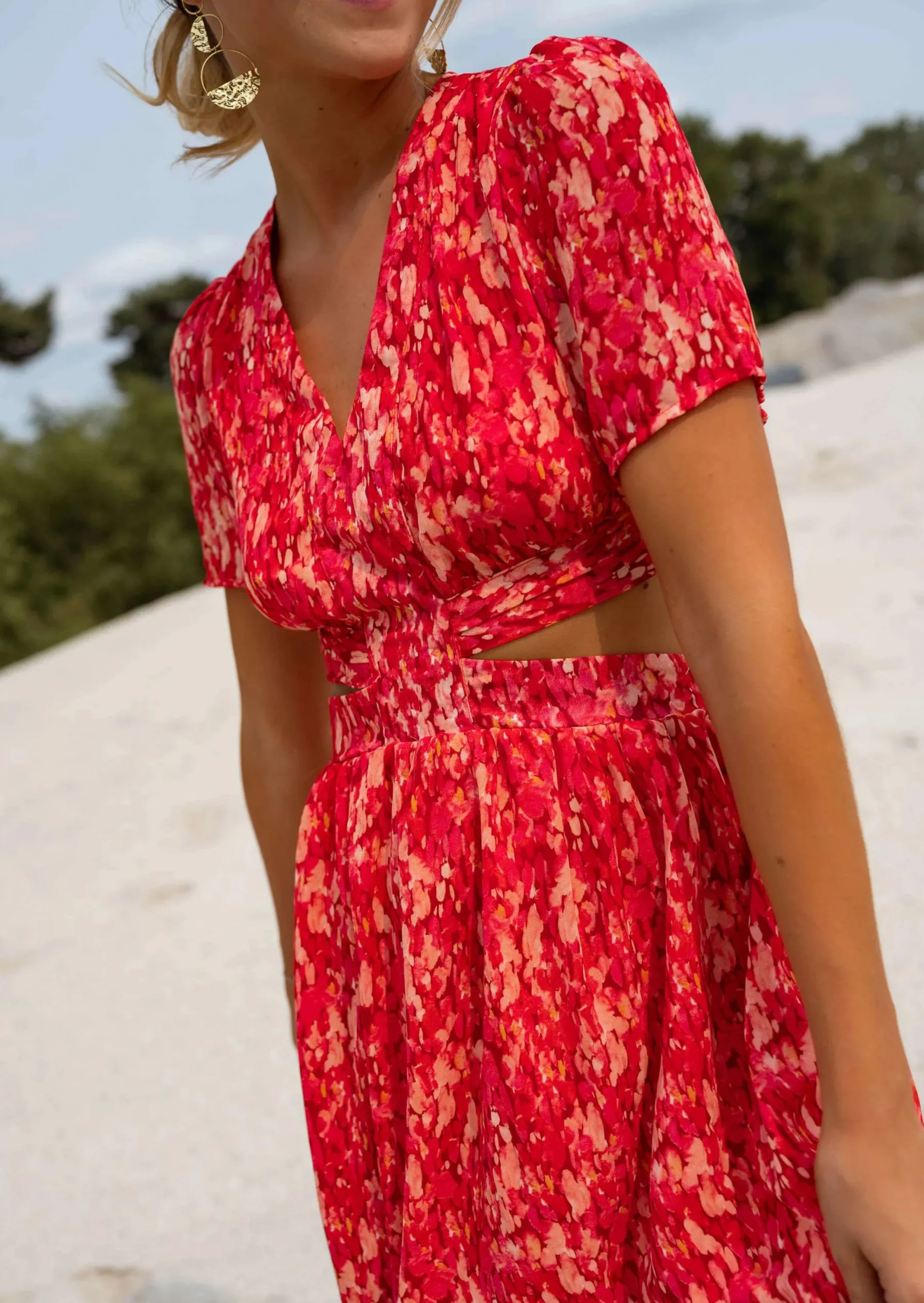 Robes-EASY-CLOTHES Robe Rouge Claudia - Col en V - FluideEasy Clothes Rouge