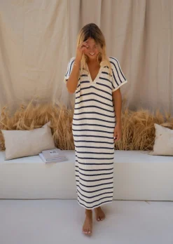 Robes-EASY-CLOTHES Robe Soam - Lignes Bleues & Écrues - Effet MailleEasy Clothes Bleues et écrues       