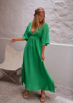 Robes-EASY-CLOTHES Robe Verte Pamela - Gaze De Coton - Col V Profond - FluideEasy Clothes Verte en gaze de coton