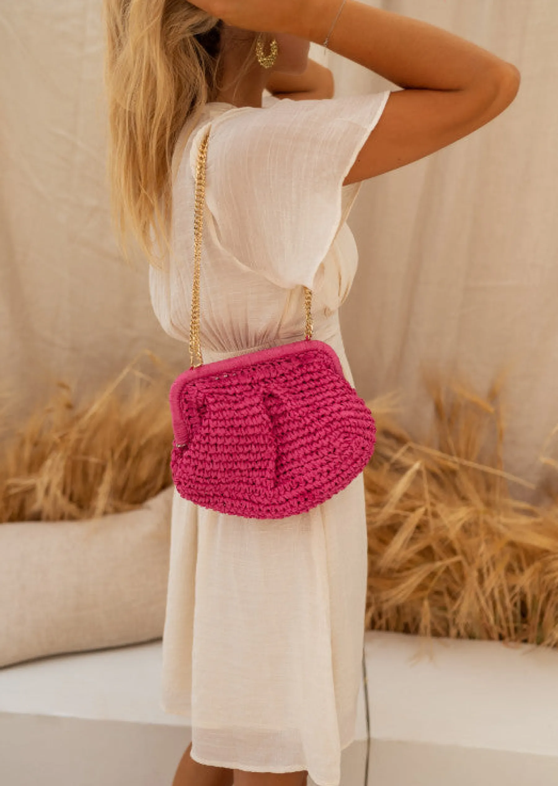 Sacs & Pochettes-EASY-CLOTHES Sac Jerry Rose - Matière Raphia - Poche Intérieure - Accessoires Easy Clothes Rose