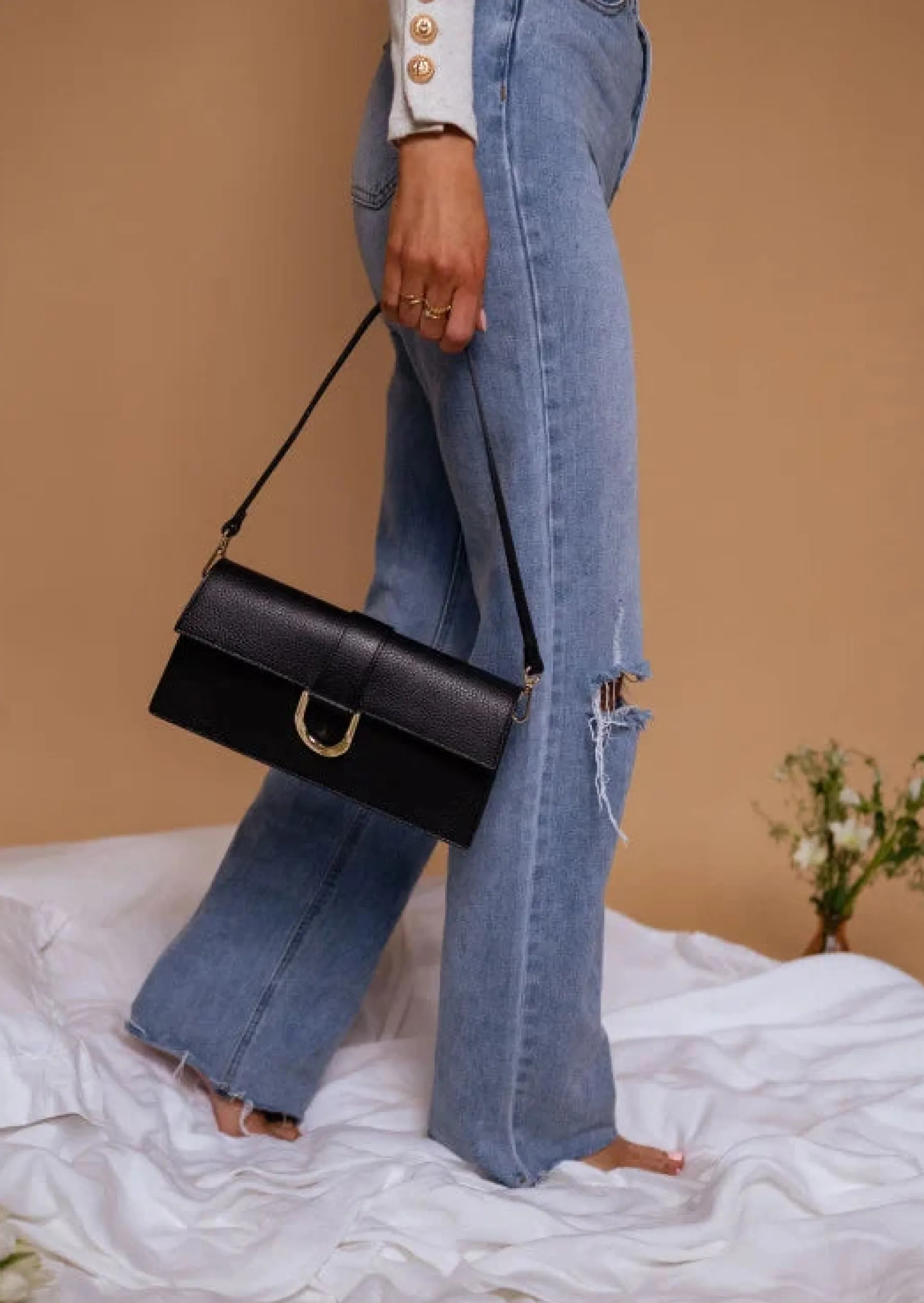 Sacs & Pochettes-EASY-CLOTHES Sac Noir Rectangulaire | Jama | Boucle dorée | Easy Clothes Noir