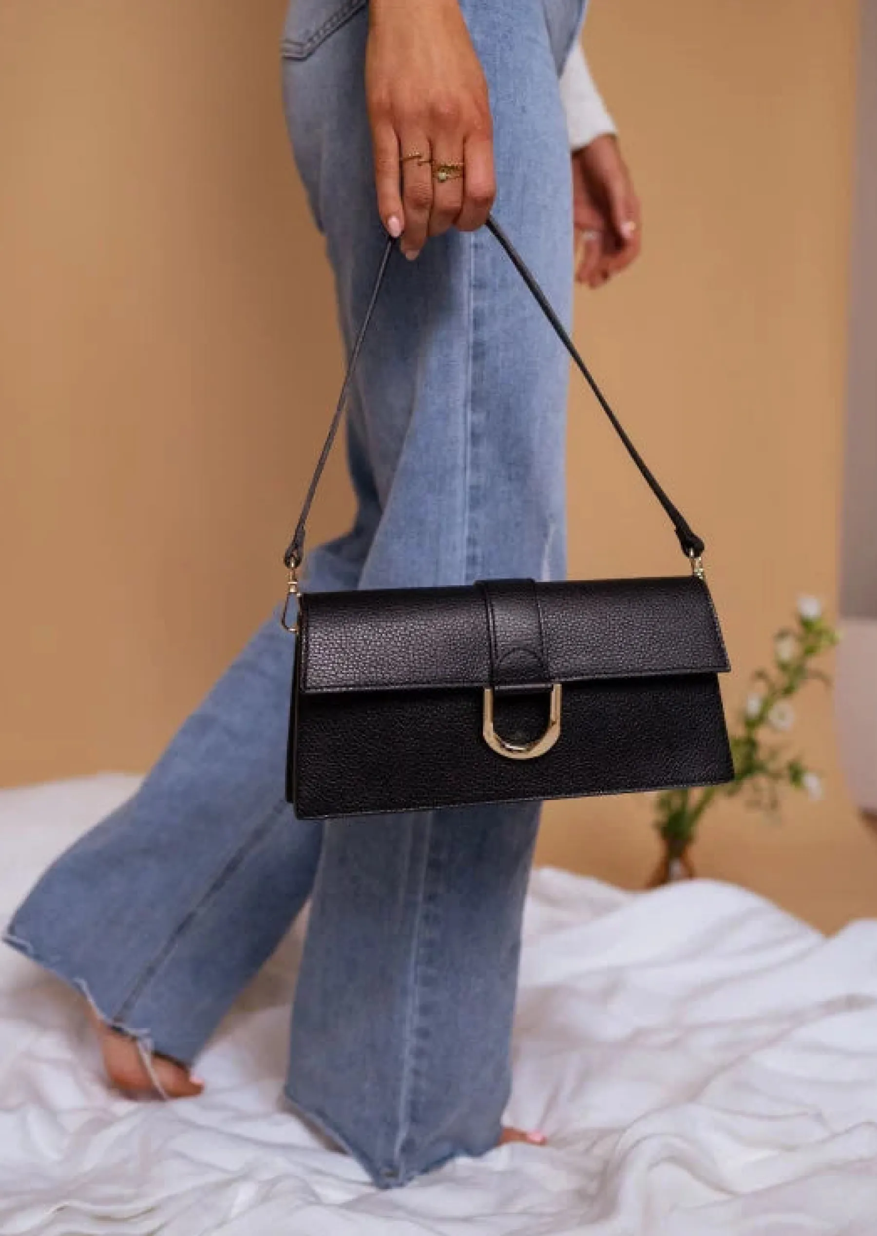 Sacs & Pochettes-EASY-CLOTHES Sac Noir Rectangulaire | Jama | Boucle dorée | Easy Clothes Noir