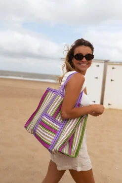 Sacs & Pochettes-EASY-CLOTHES Sac Sevana à lignes vert | Sac de plage ligné | Prêt-à-porter en ligne | Easy Clothes Vert