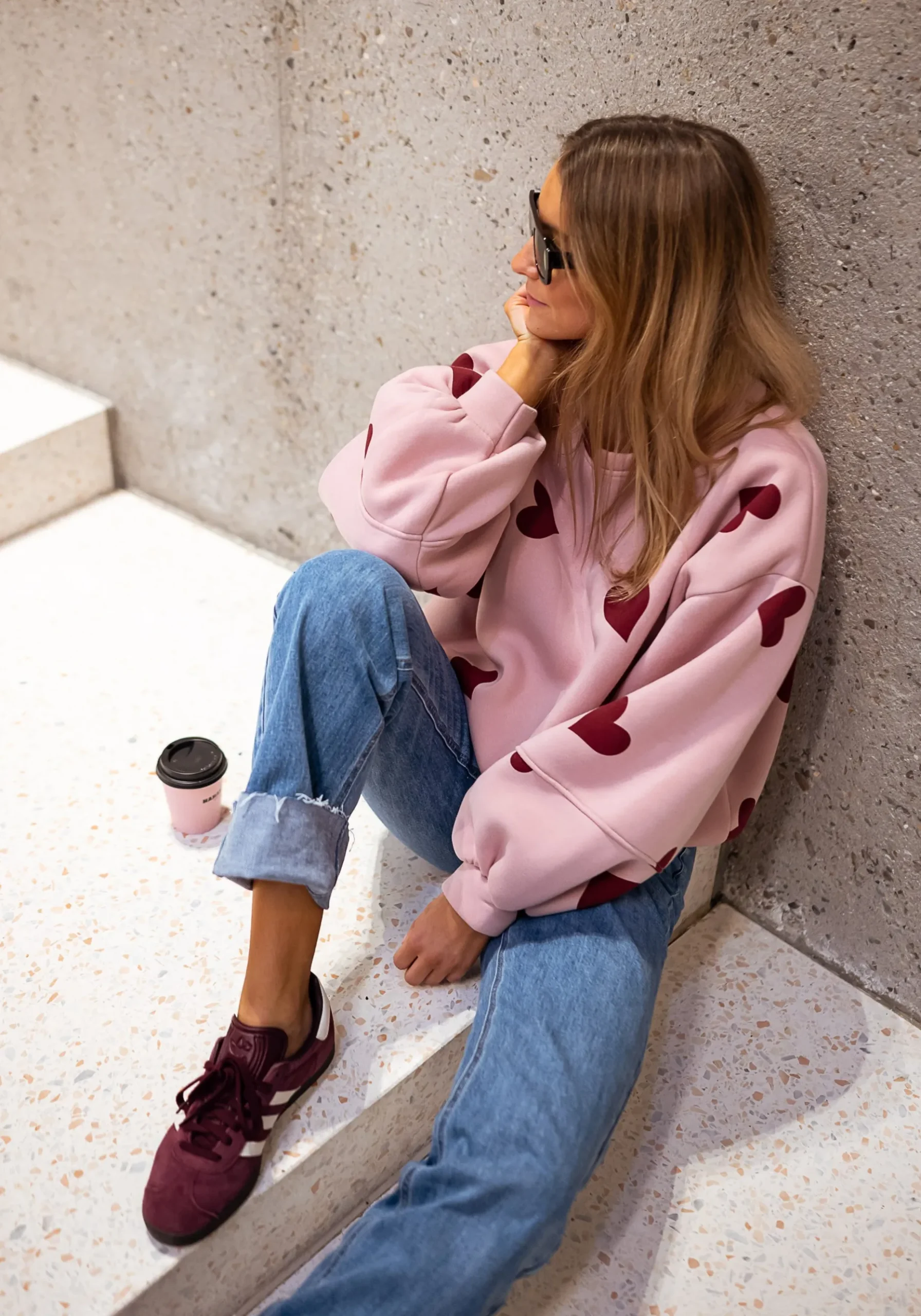 Pulls & Gilets-EASY-CLOTHES Sweat Fiona - Rose à coeursEasy Clothes Rose à coeurs