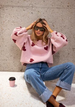 Pulls & Gilets-EASY-CLOTHES Sweat Fiona - Rose à coeursEasy Clothes Rose à coeurs