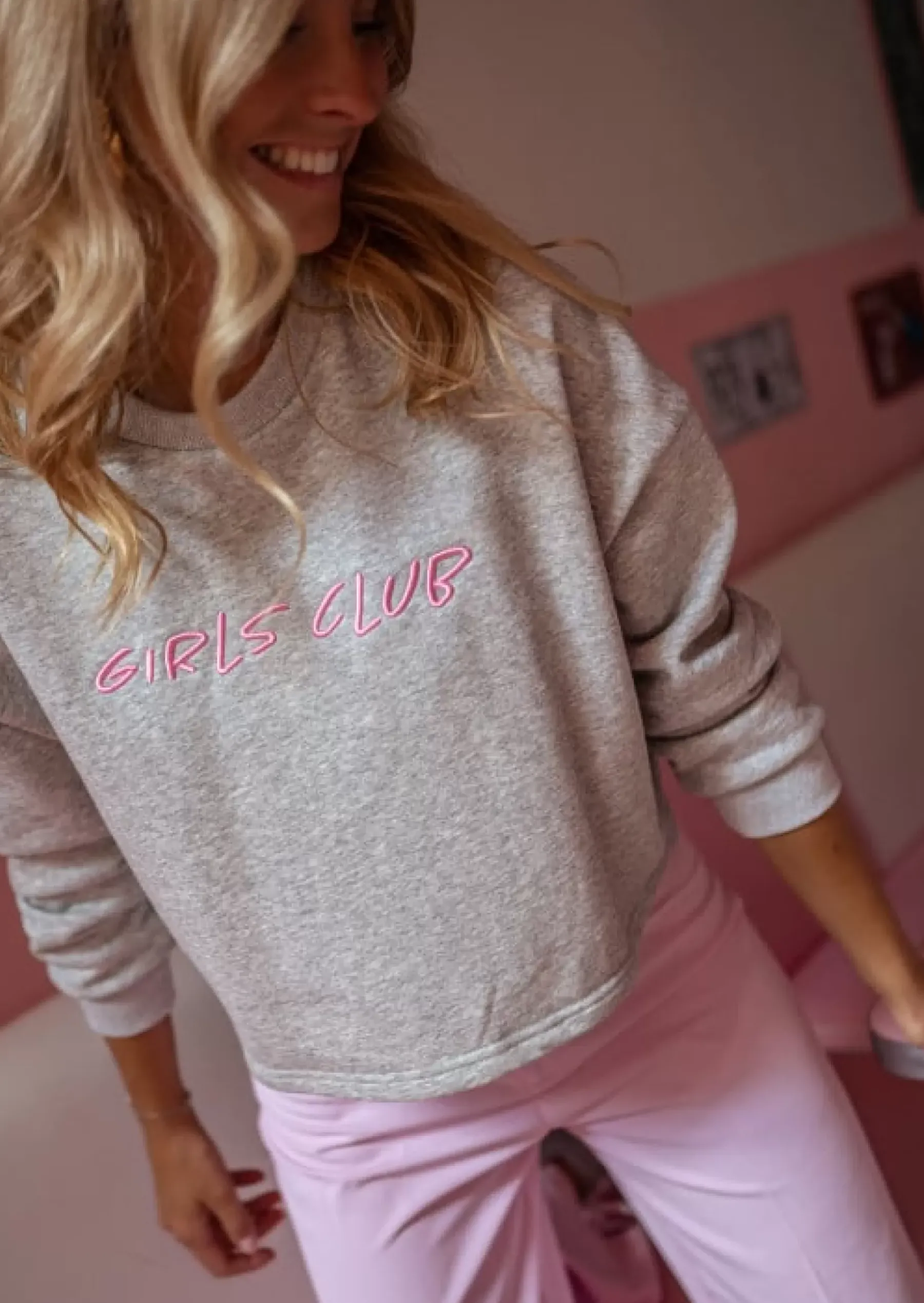 Pulls & Gilets-EASY-CLOTHES Sweat Girls Club - Gris & Rose - Doux - Easy Clothes