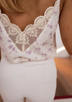 Tops & T-shirts-EASY-CLOTHES Top Auda écru à fleurs mauves | Top fleuri léger | Prêt-à-porter en ligne | Easy Clothes Écru à fleurs mauves