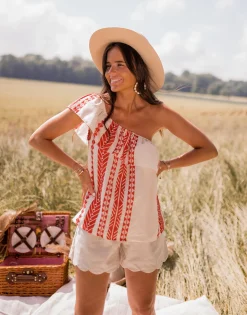 Tops & T-shirts-EASY-CLOTHES Top Brigie - à motifs rouge et beigeEasy Clothes À motifs rouge et beige