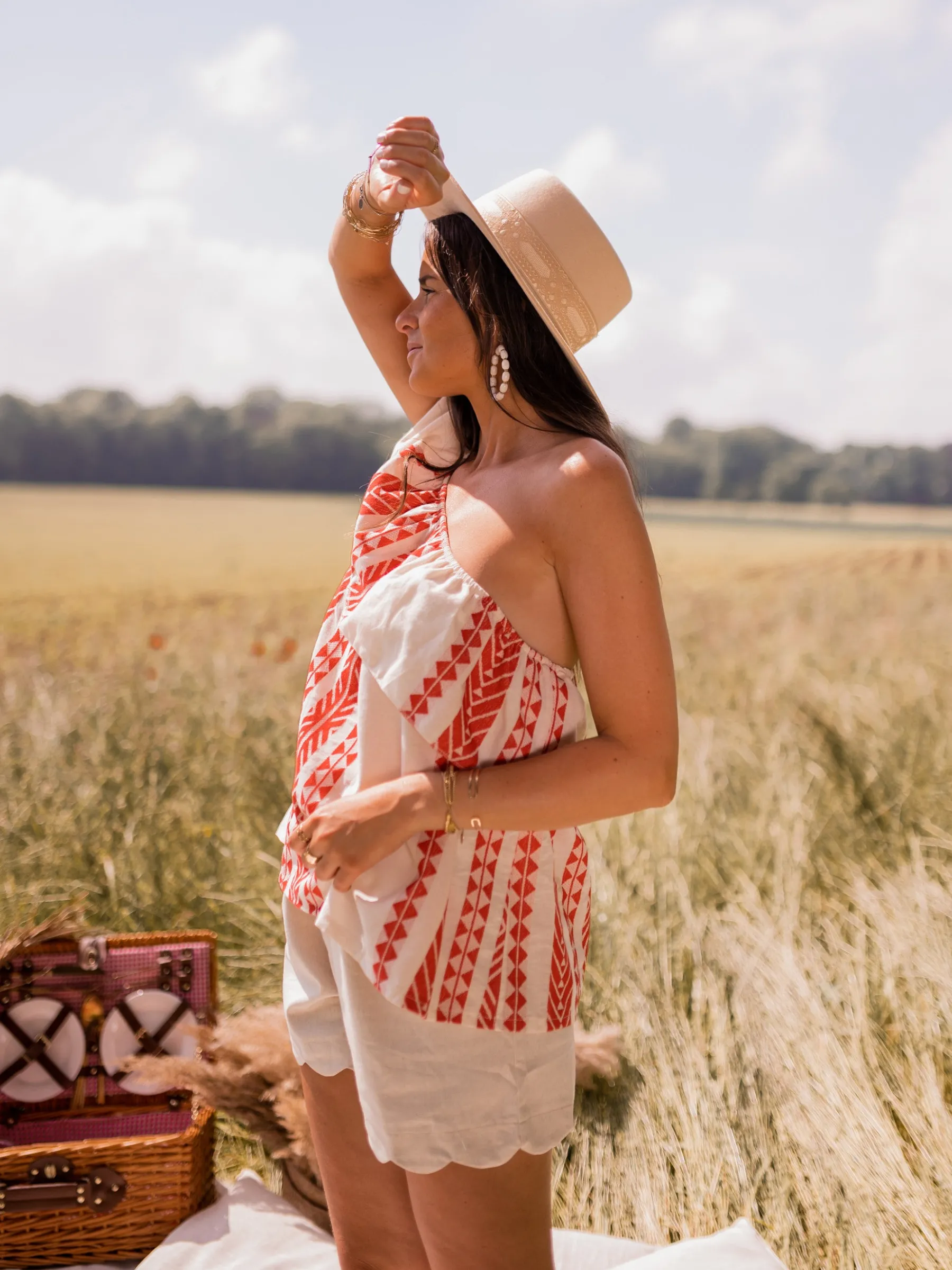 Tops & T-shirts-EASY-CLOTHES Top Brigie - à motifs rouge et beigeEasy Clothes À motifs rouge et beige