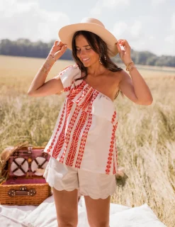 Tops & T-shirts-EASY-CLOTHES Top Brigie - à motifs rouge et beigeEasy Clothes À motifs rouge et beige