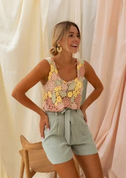 Tops & T-shirts-EASY-CLOTHES Top En Crochet Floryne - Rose, Jaune & Kaki - Vêtements Femme ÉtéEasy Clothes En crochet