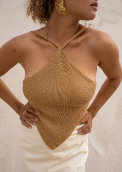 Tops & T-shirts-EASY-CLOTHES Top Fia Doré - Effet Laine - Croisé - Vêtements TendancesEasy Clothes Doré