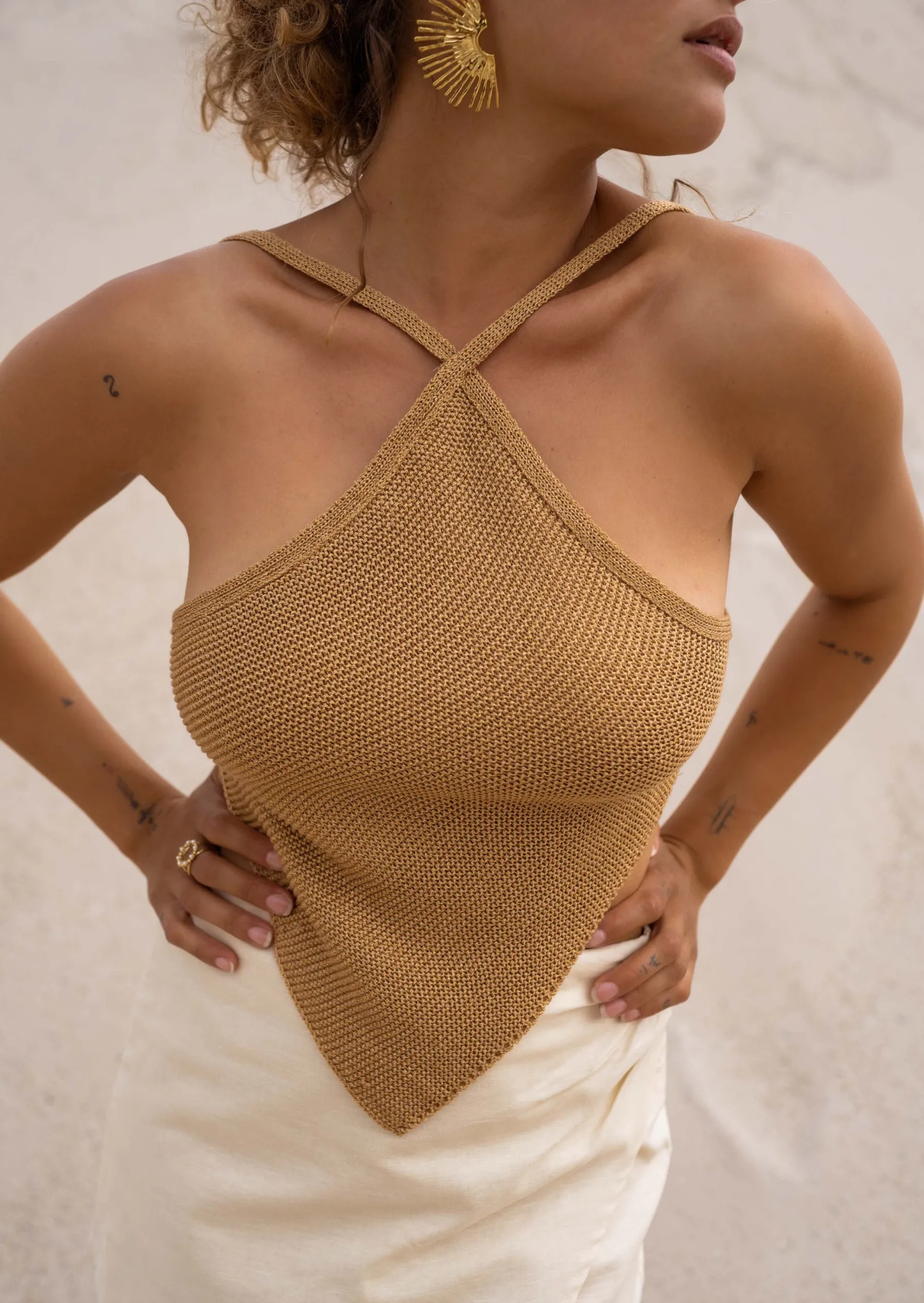 Tops & T-shirts-EASY-CLOTHES Top Fia Doré - Effet Laine - Croisé - Vêtements TendancesEasy Clothes Doré
