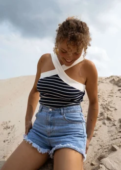 Tops & T-shirts-EASY-CLOTHES Top Ivona - Bleu Foncé - Croisé & ÉlastiqueEasy Clothes Bleu foncé       