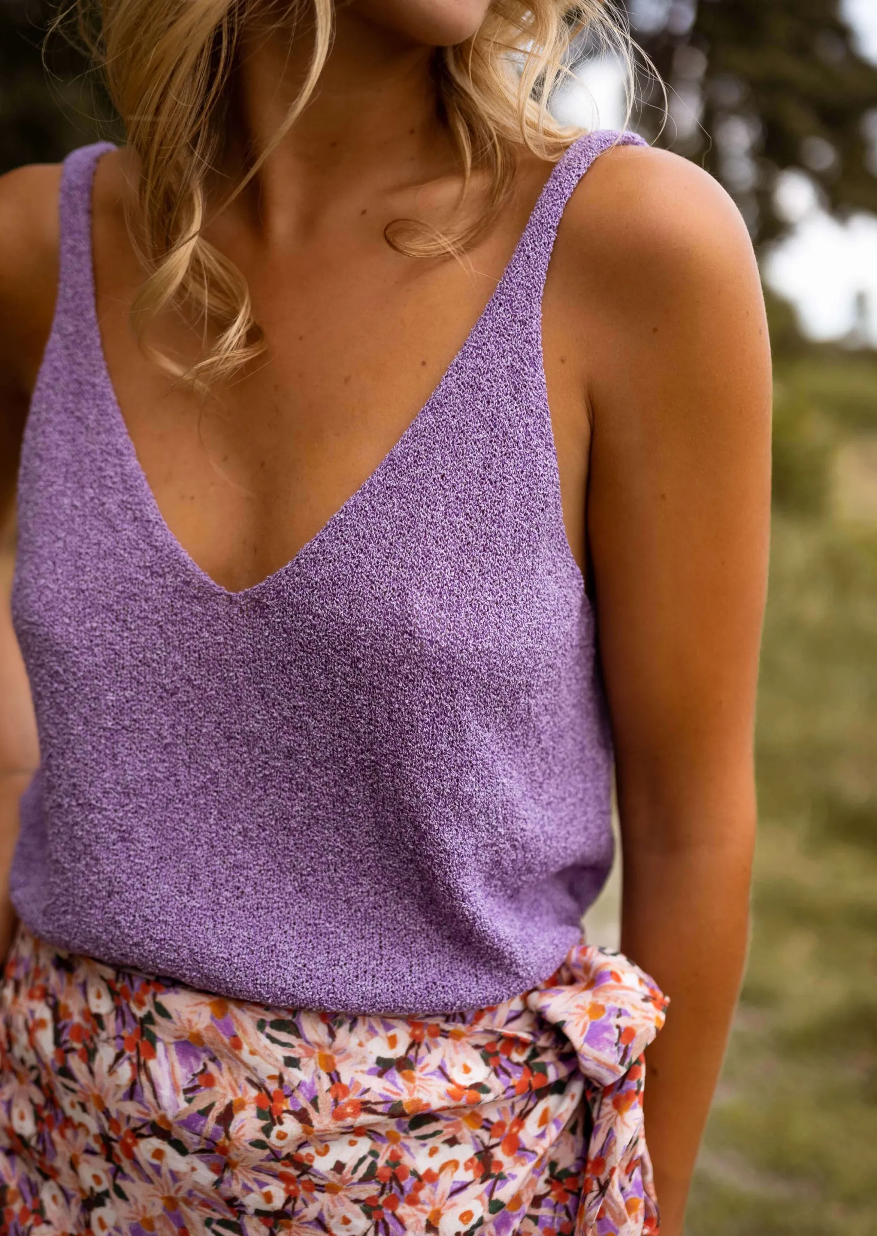 Tops & T-shirts-EASY-CLOTHES Top Neda Mauve - Effet Laine - Loose - Col en VEasy Clothes Mauve effet laine