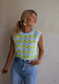 Tops & T-shirts-EASY-CLOTHES Top Stany en crochet vert et bleu | Top coloré en crochet | Prêt-à-porter en ligne | Easy Clothes Vert et bleu