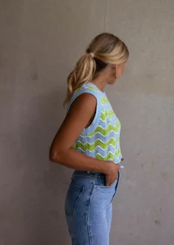Tops & T-shirts-EASY-CLOTHES Top Stany en crochet vert et bleu | Top coloré en crochet | Prêt-à-porter en ligne | Easy Clothes Vert et bleu