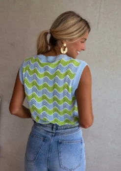 Tops & T-shirts-EASY-CLOTHES Top Stany en crochet vert et bleu | Top coloré en crochet | Prêt-à-porter en ligne | Easy Clothes Vert et bleu