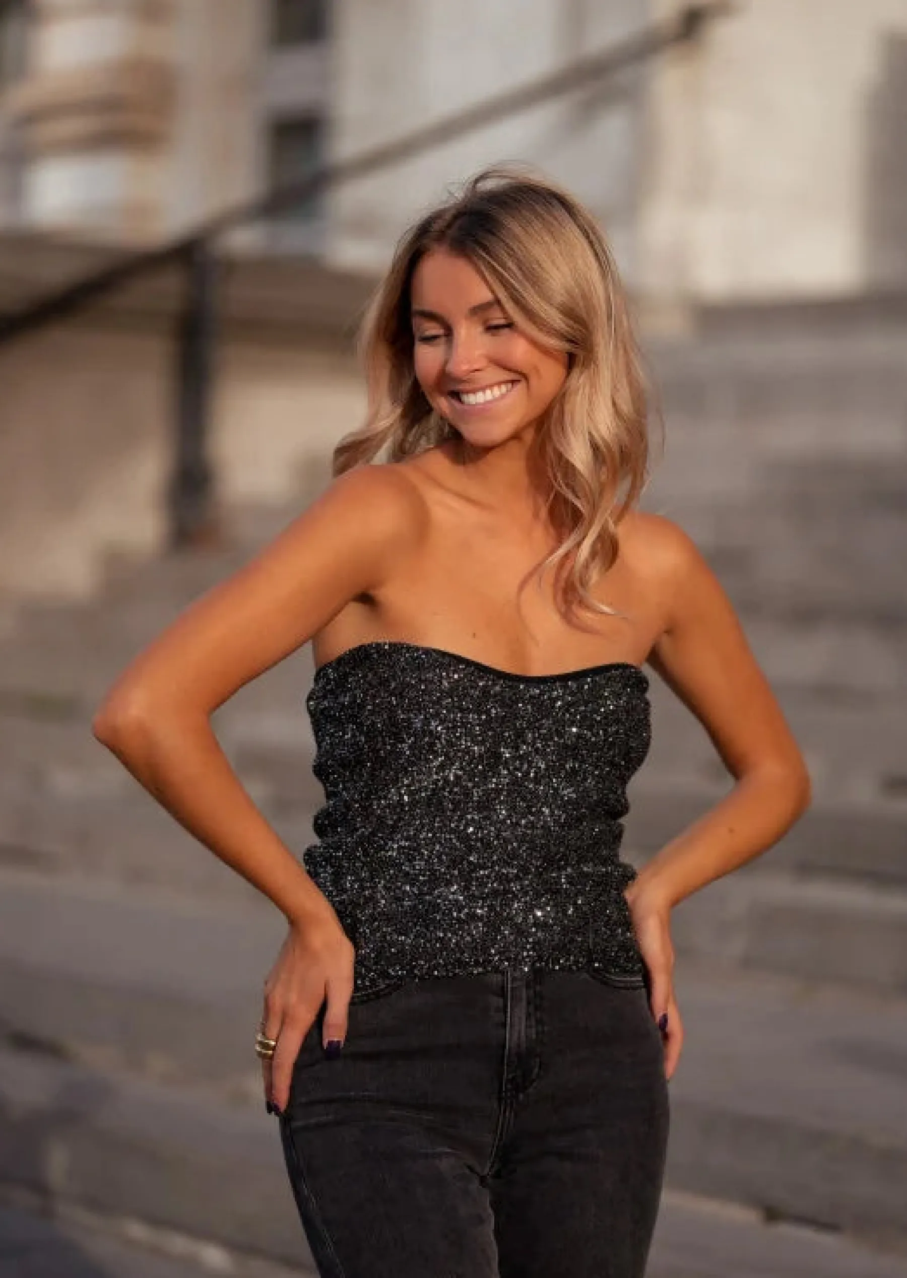 Tops & T-shirts-EASY-CLOTHES Top Vincent Noir - Paillettes Argentées - BustierEasy Clothes Noir