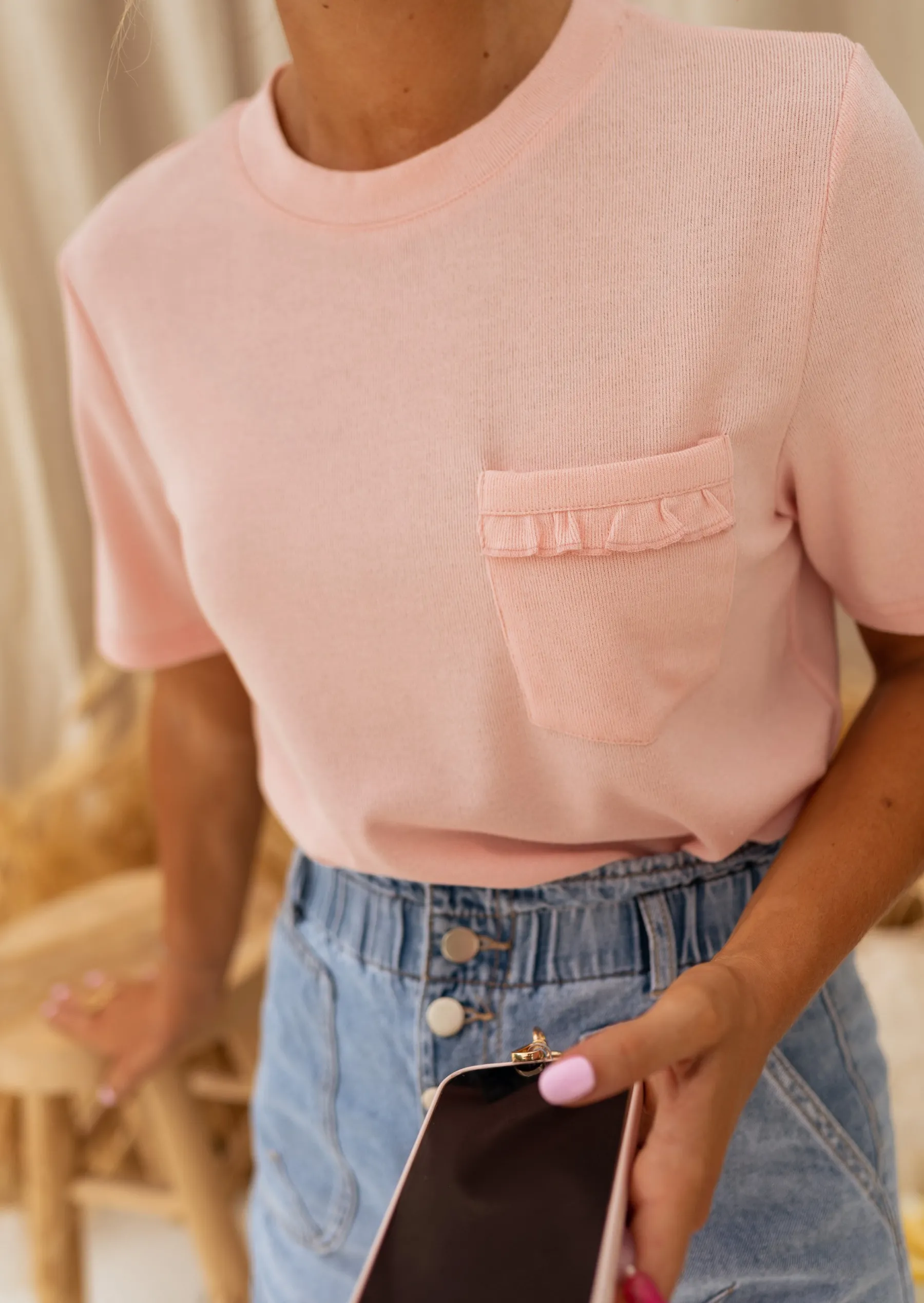 Tops & T-shirts-EASY-CLOTHES T-shirt Aviva Rose - Tissu Pailleté - Easy Clothes Rose